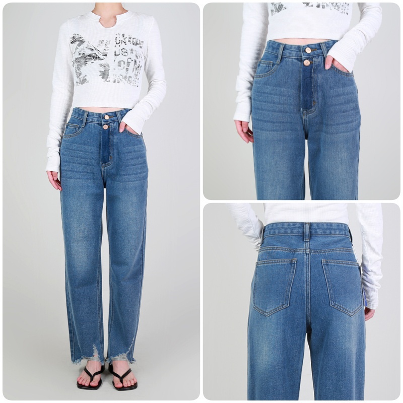 CT.JEANS Celana Jeans Longgar Wanita Pinggang Tinggi Biru Celana kulot Retro Korea Baru