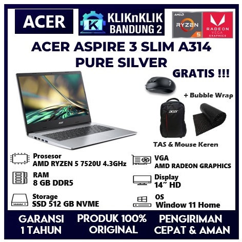Laptop Acer aspire 3 slim a314 Ryzen 5 ram 8gb ssd 512gb garansi resmi acer