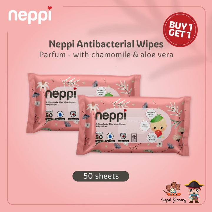 Neppi Antibacterial Diaper Wipes Parfum - 50s (Buy 1 Get 1 Free)