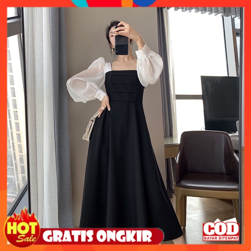 KAIN ADEM HALUS TEBAL / D200 - Korean Dress hepburn best seller longdress square neck lengan sifon/ 