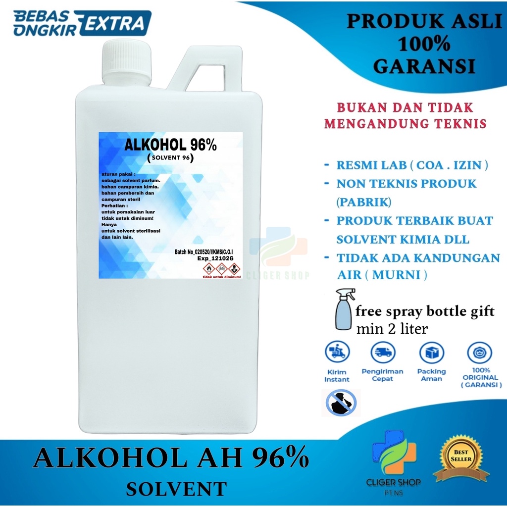 ALKOHOL 1 LITER 70% / 96%  SOLVENT ASLI ALKOHOL SOLVENT