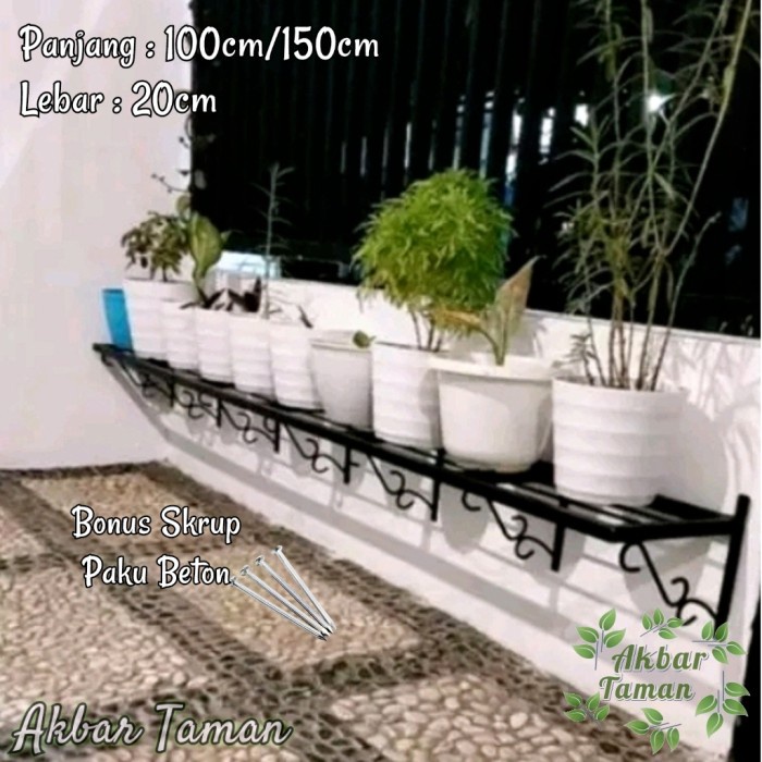 Rak Bunga Besi Tempel Dinding / Rak Besi Pot Tanaman Tempel Dinding - Hitam, Panjang 100cm