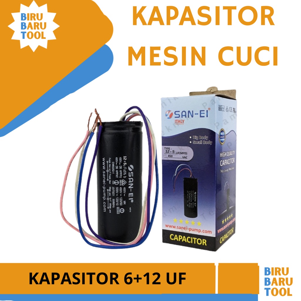 KAPASITOR MESIN CUCI 2 TABUNG 12 + 6 UF 450V SAN-EI CAPACITOR 6+12UF / Kapasitor Mesin Cuci 2 Tabung