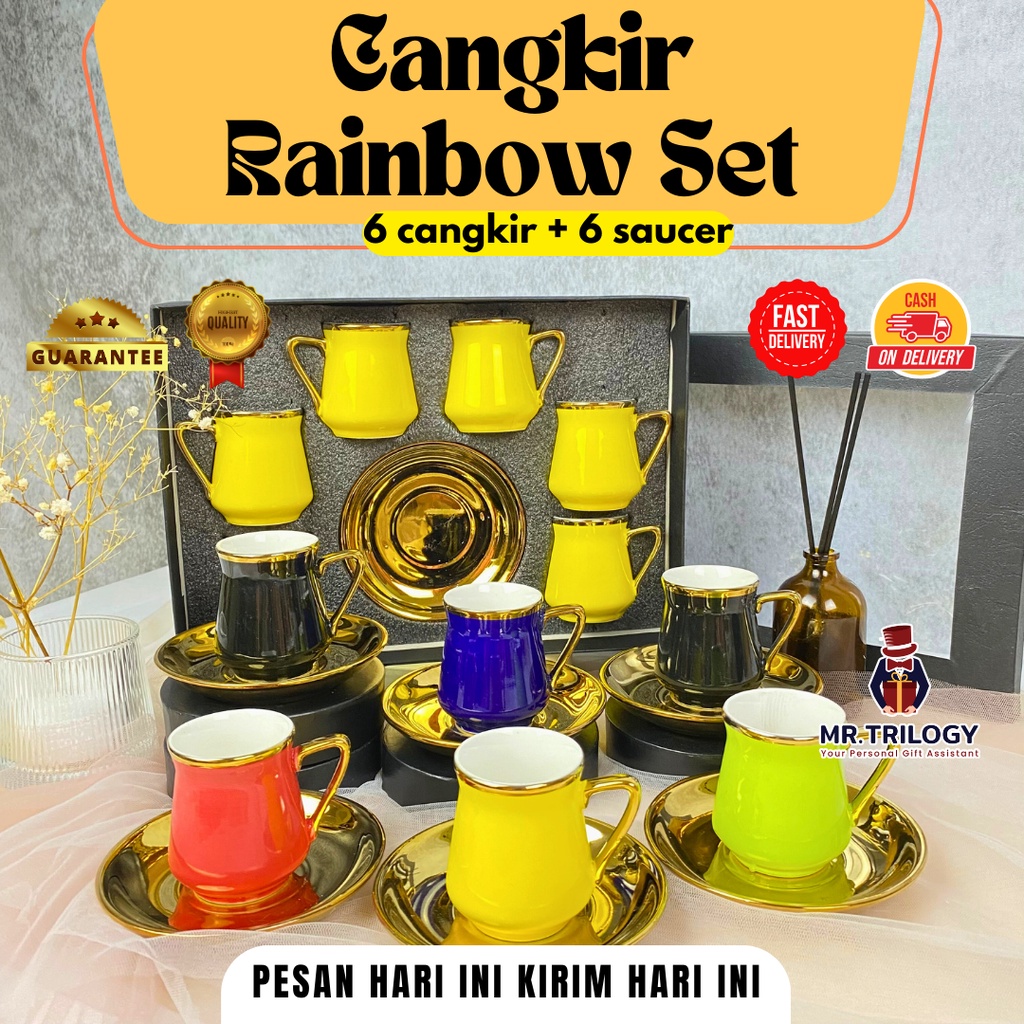 

Hampers Cangkir Teh Tatakan Keramik RAINBOW Souvenir Gelas Mug Set Kado Gift Birthday Wedding