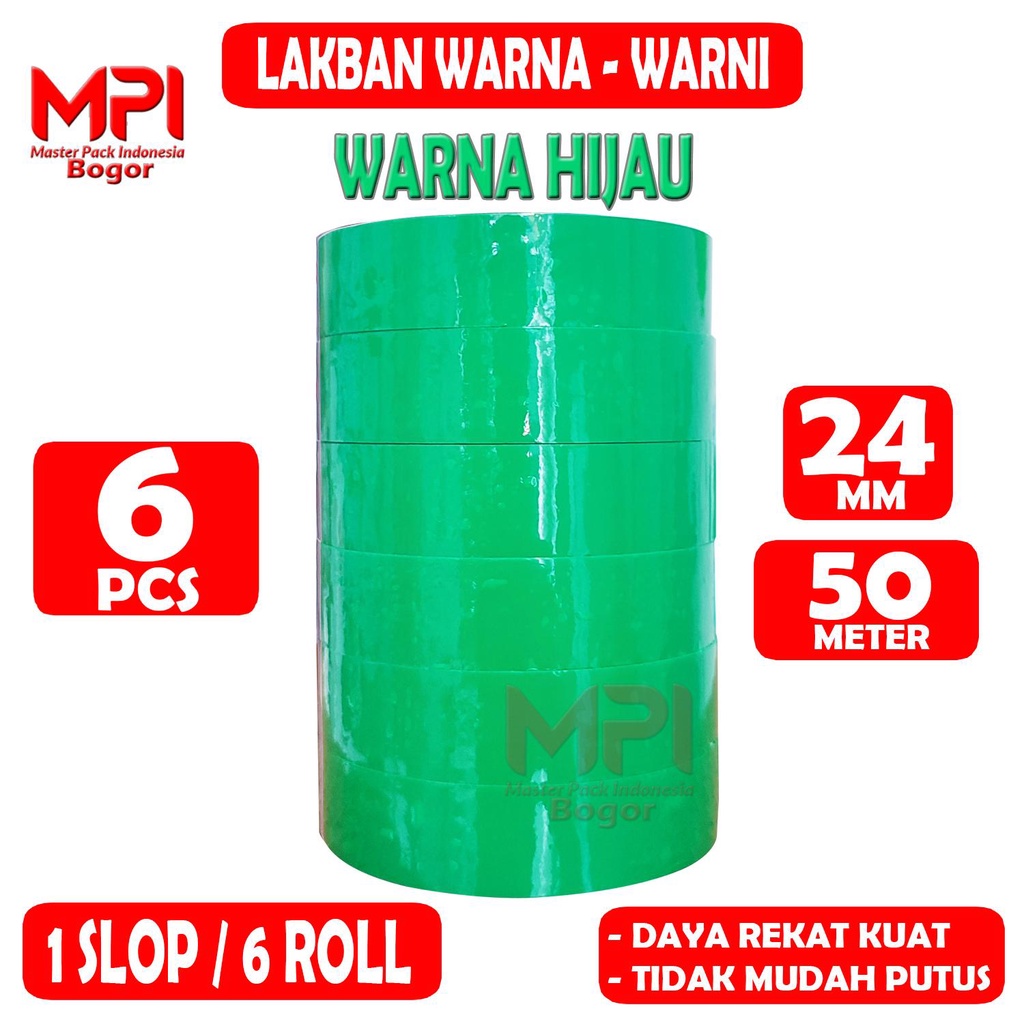 

1 SLOP / 6 ROLL - Lakban Isolasi Warna Hijau 24 mm x 50 Meter - Lakban Warna Master Pack Indonesia Bogor