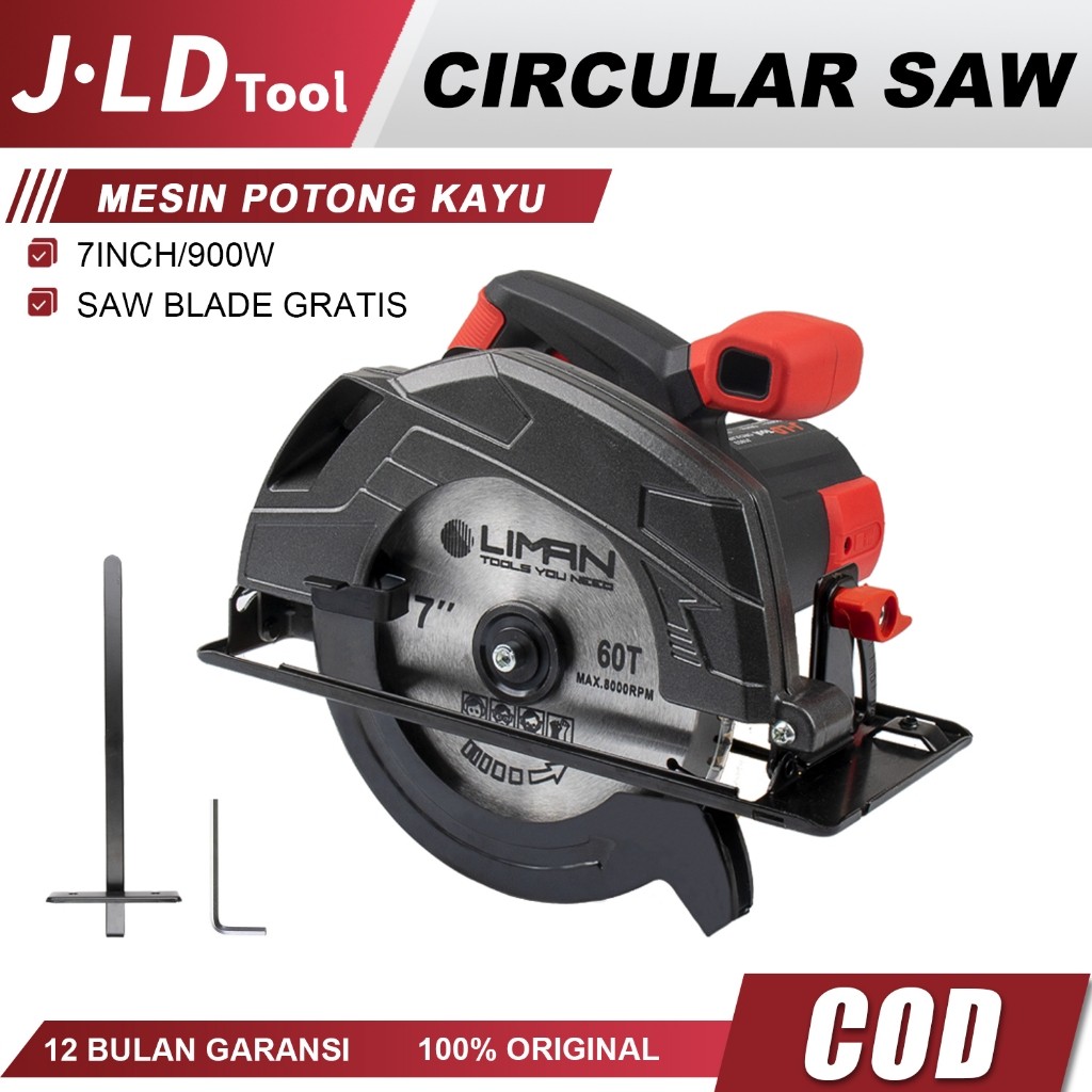 JLD Circular Saw Gergaji Kayu Listrik 900W Circular Saw 7 Inch Mesin Serkel Kayu Sirkular Saw Mesin 