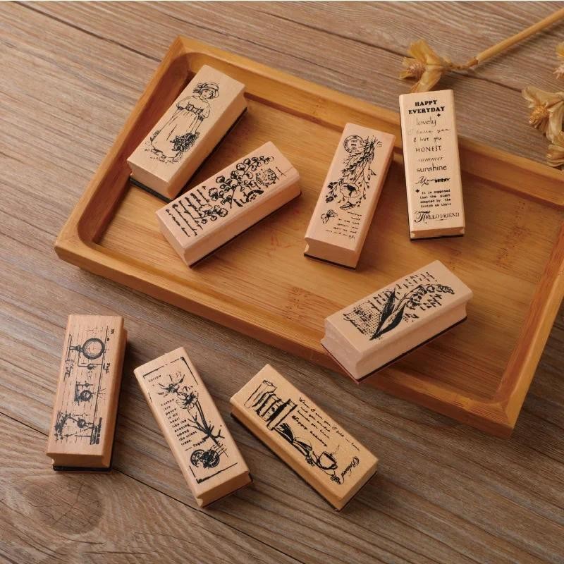 

Vintage Wooden Rubber Stamps Retro Flower Plant Grass Stamps for Scrapbooking DIY Card Making Craft Standard Seal Stationery