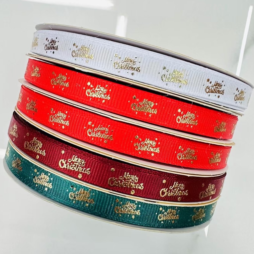 

1CM Gold foil Merry Christmas grosgrain ribbon for Packing DIY accessories welcome custom printed