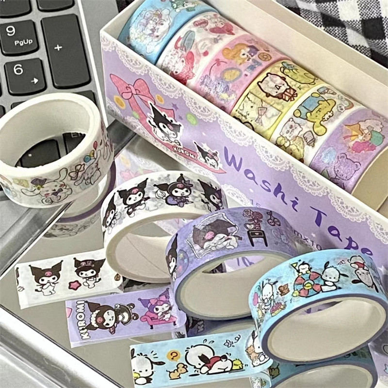 

10Roll/Box Sanrio Kuromi Melody Cinnamoroll Guka Handbook Stickers Kawaii Pompompurin Pochacco Hand Account DIY Sticker Kid Toys