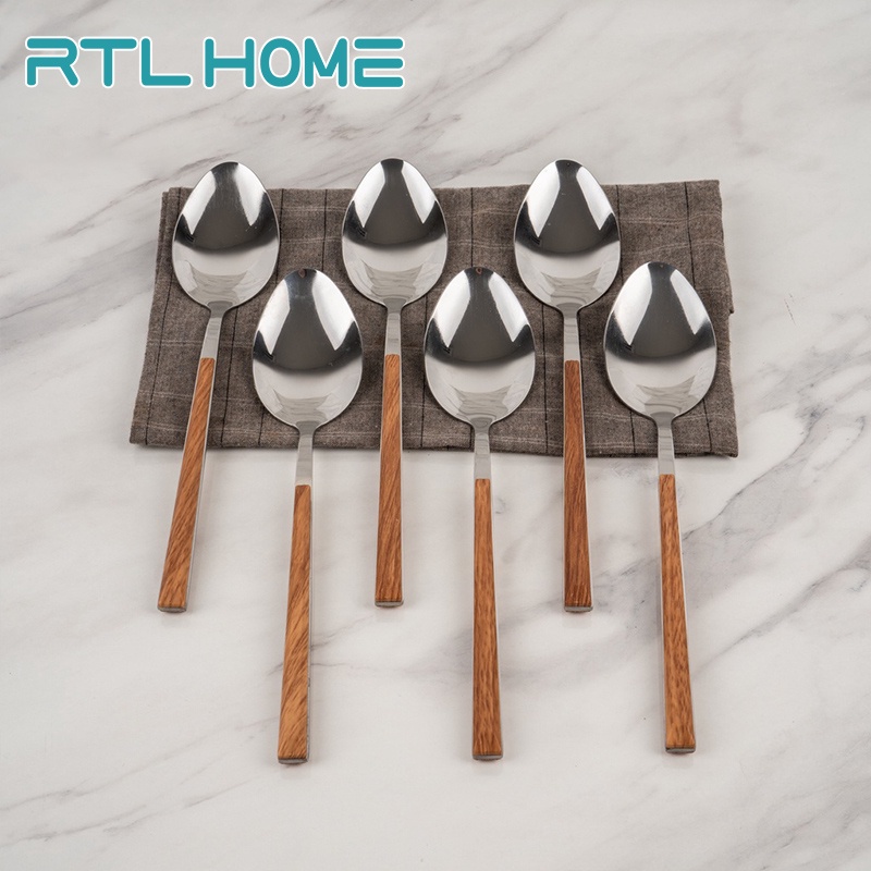 RTL Sendok Makan Tebal Isi 6pcs Gagang Motif Kayu Stainless Steel Berkualitas