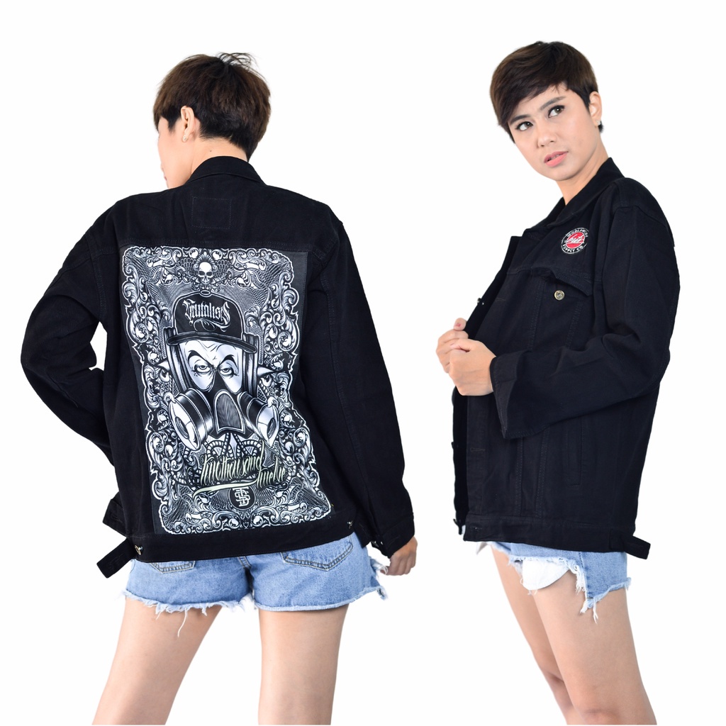 Jaket Jeans Pria Denim Jacket Full Printing Motif Masker Eletrik