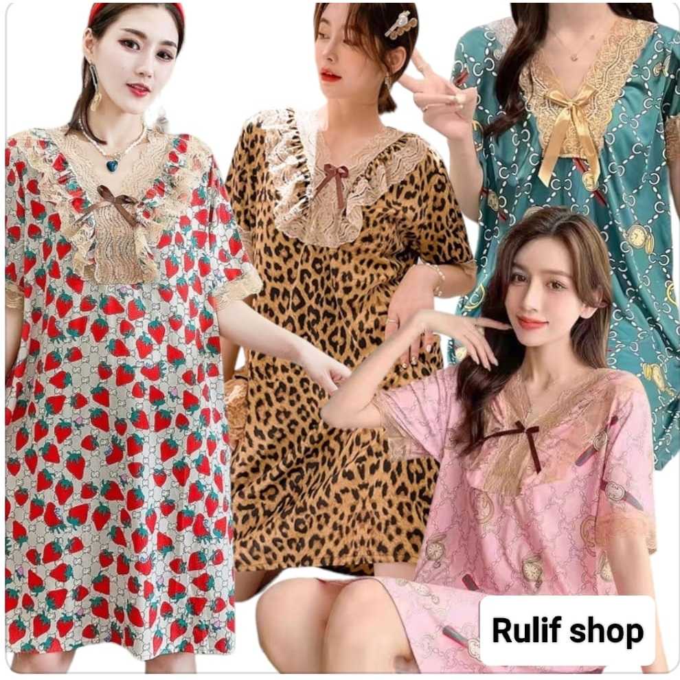 BAJU DASTER KEKINIAN CEWEK WANITA KOREA RAYON SILK IMPORT LENGAN PENDEK SELUTUT MOTIF KARAKTER RENDA