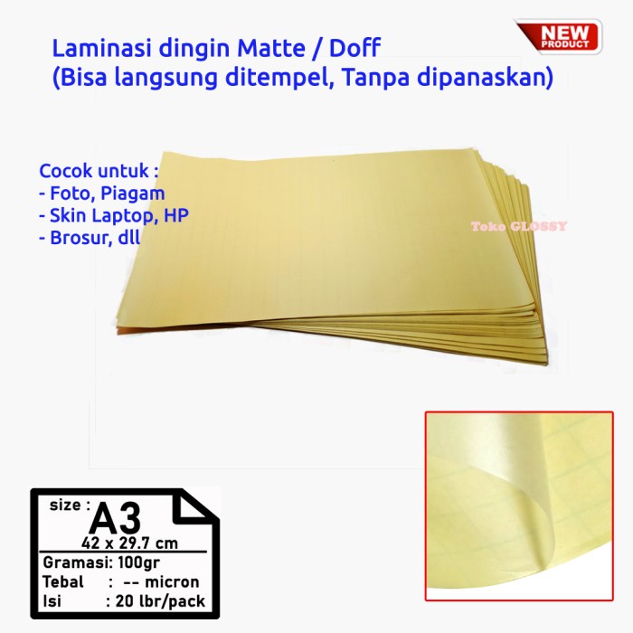 

PLASTIK LAMINASI MATTE A3 100 GSM - COLD LAMINATING MATTE FILM