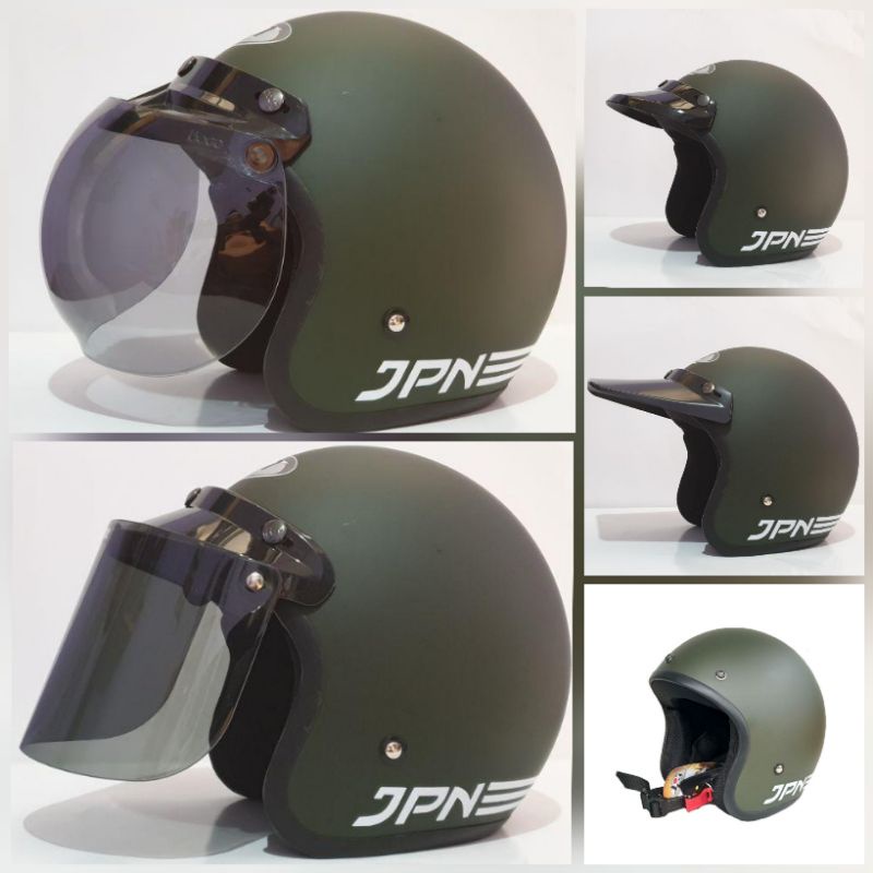 HELM JPN Hijau Army Doff HELMET MOTOR BOGO RETRO POLOS PRIA WANITA PAKET KACA