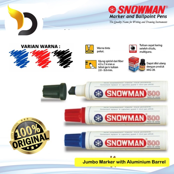 

Spidol Besar Permanen Jumbo Snowman Warna Hitam Merah Biru Original Asli Sepidol Karung Kardus Waterproof Anti Air J-500