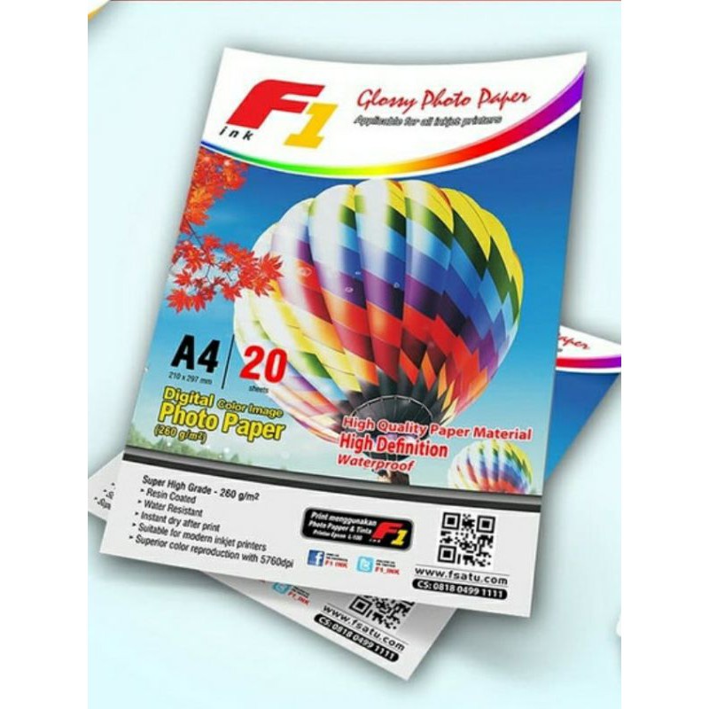 

Kertas Photo - High Glossy Photo Paper F1 Ink 20 lembar 180gsm