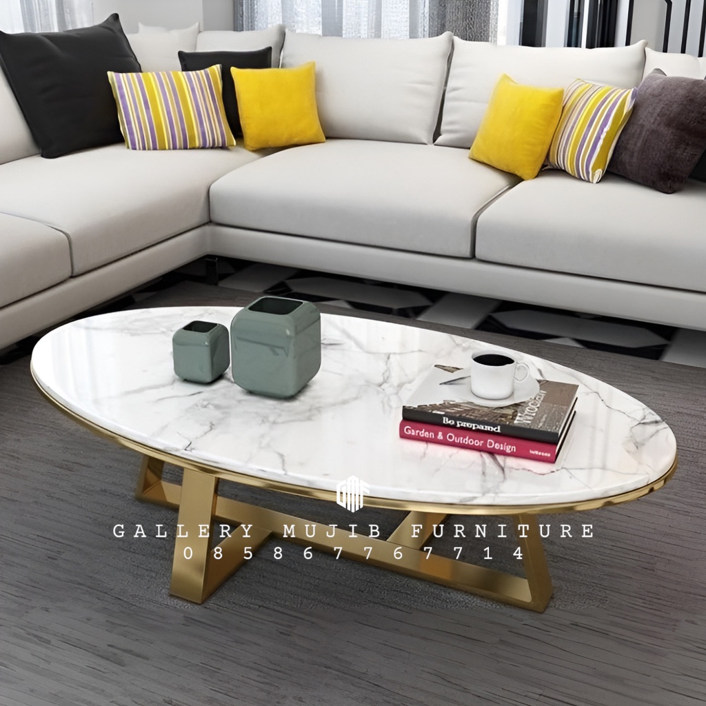 meja tamu oval kaki besi top marmer - meja tamu modern terbaru 120x60 cn