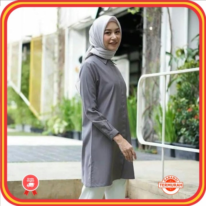 Pakaian Wanita Tunik Premium Murah Kekinian /Day to day kemeja Tunik Toyobo kekinian - Grey, L