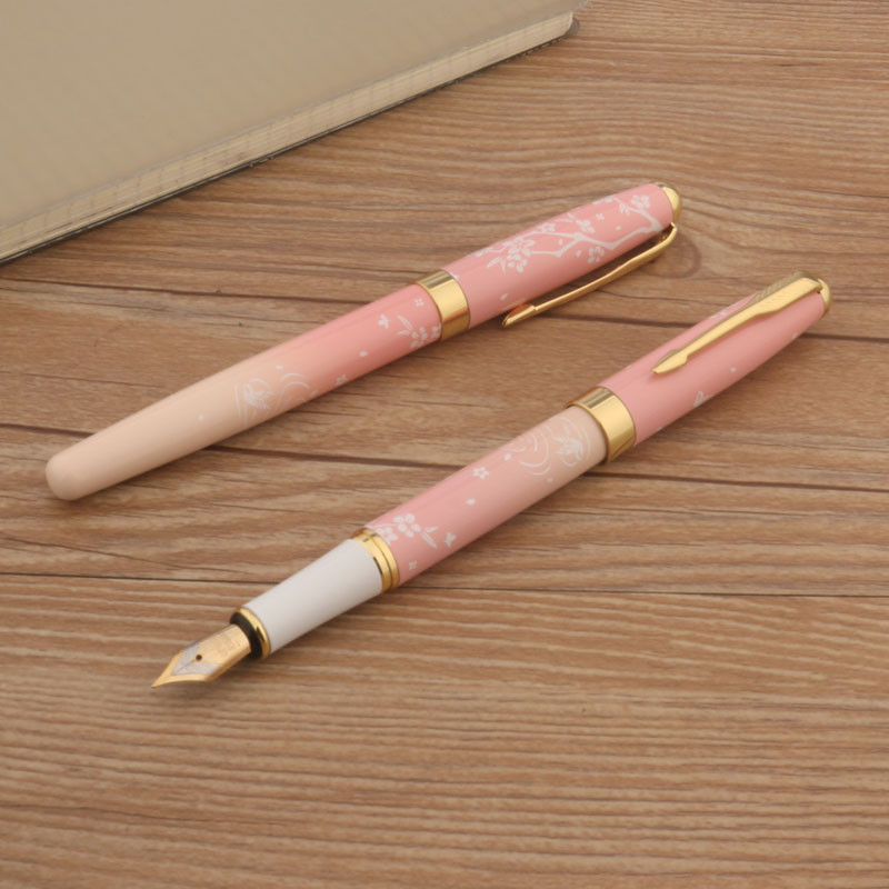 

1PC Pen + 10PC Ink Metal 83 Fountain Pen Pink Flowers F Nib Business Office school supplies ink pens