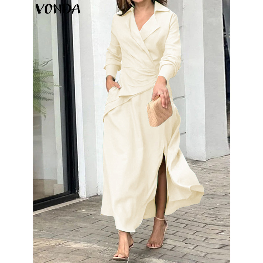 VONDA Women Maxi Dress 2024 Elegant Long Sleeve Office Sundress Casual Solid Color Vestidos Vintage 