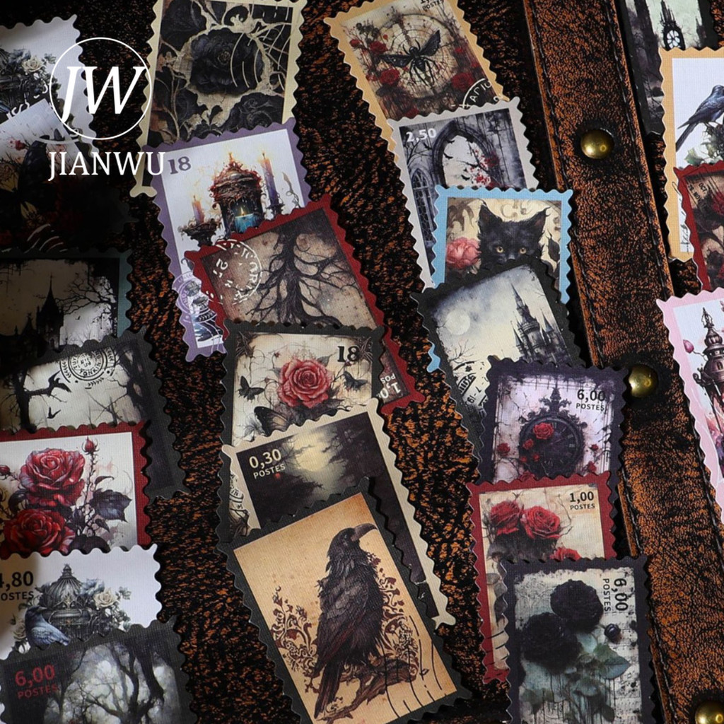 

JIANWU 50 Sheets Gothic Post Office Series Vintage Flower Stamp Material Decor Sticker Creative DIY Journal Collage Stationery