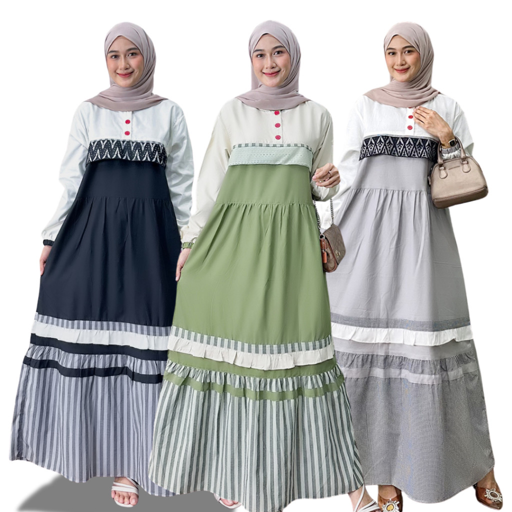 Gamis Katun Kombinasi Terbaru Dress Gamis Susun Kombinasi Brukat Kancing