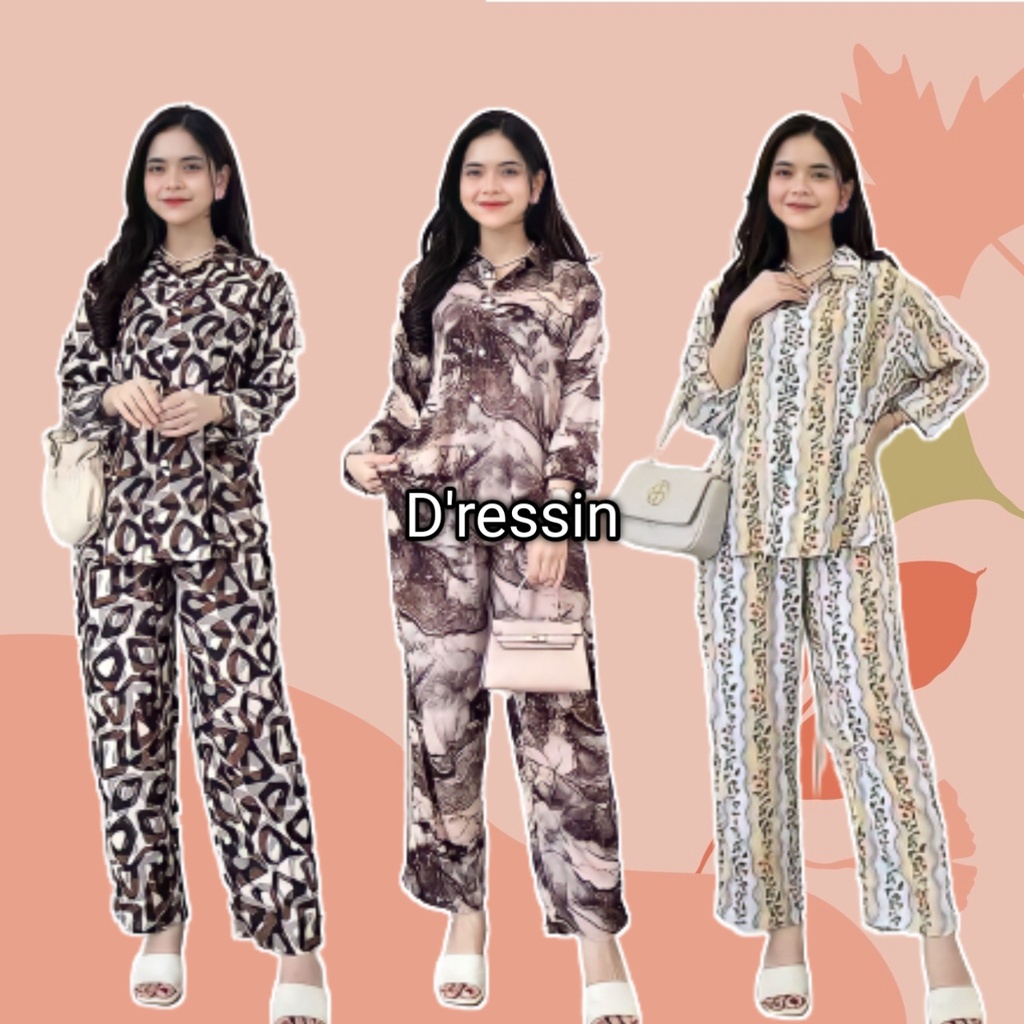 One Set Piyama Setelan Rayon Pajamas Viscose Motif Terbaru Wanita Dewasa Lengan Panjang Full kancing