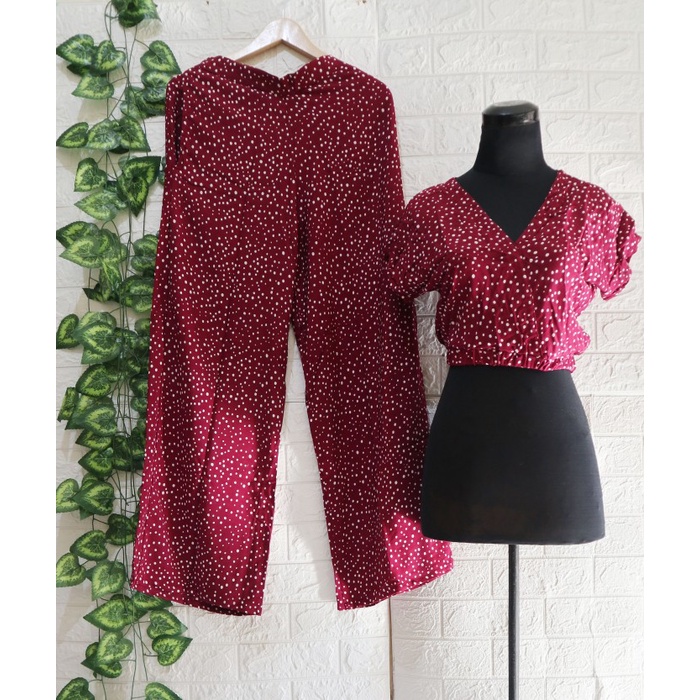 Baju Setelan wanita Crop Silang Kekinian Karet / Set Crop Wanita Rayo - maroon