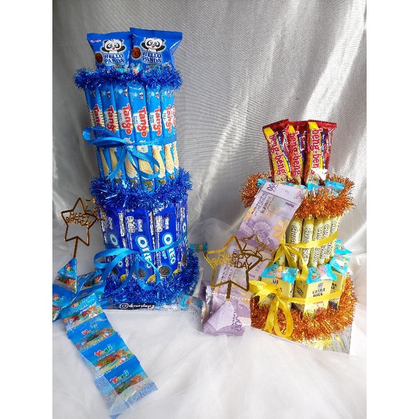 Snack Tower 2 tingkat/ bucket balon buket balon snack tingkat/ tower snack/kado ulang tahun/sna