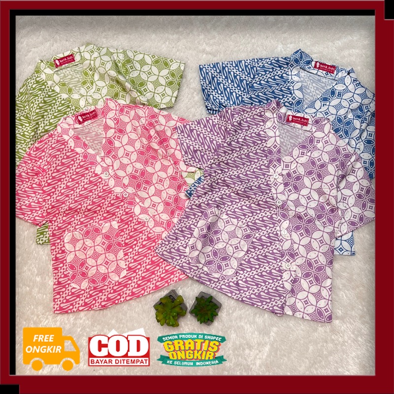 TOP BLUS BATIK ANAK KIMONO BAJU BATIK ANAK SEKOLAH BERKANTONG BLUS KOMBINASI UNGU LILAC PINK HIJAU B