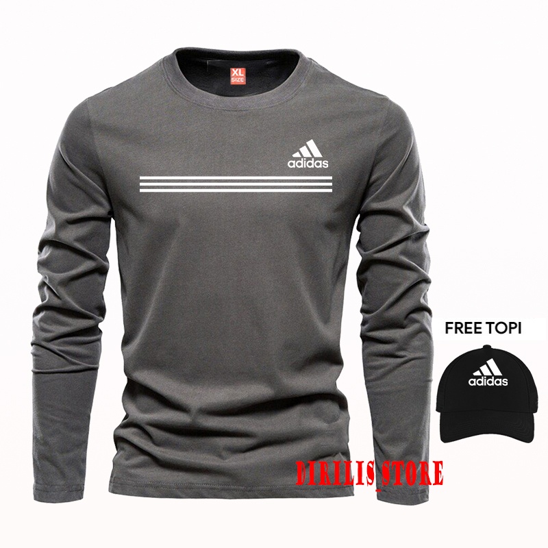 BONUS TOPI  Kaos Distro Lengan Panjang Pria & Wanita Adidas Strip 3 Text Putih Bahan Catton Combed 3