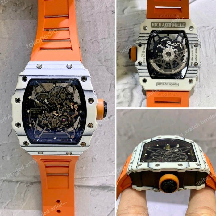 jam tangan pria RM 35-02, matic swiss, body carbon strap orange Selly