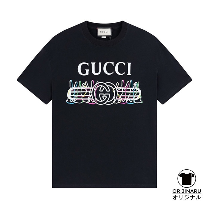 Tshirt 6C1 Font String Logo Black Baju Kaos Branded Pria Wanita グッチ - M