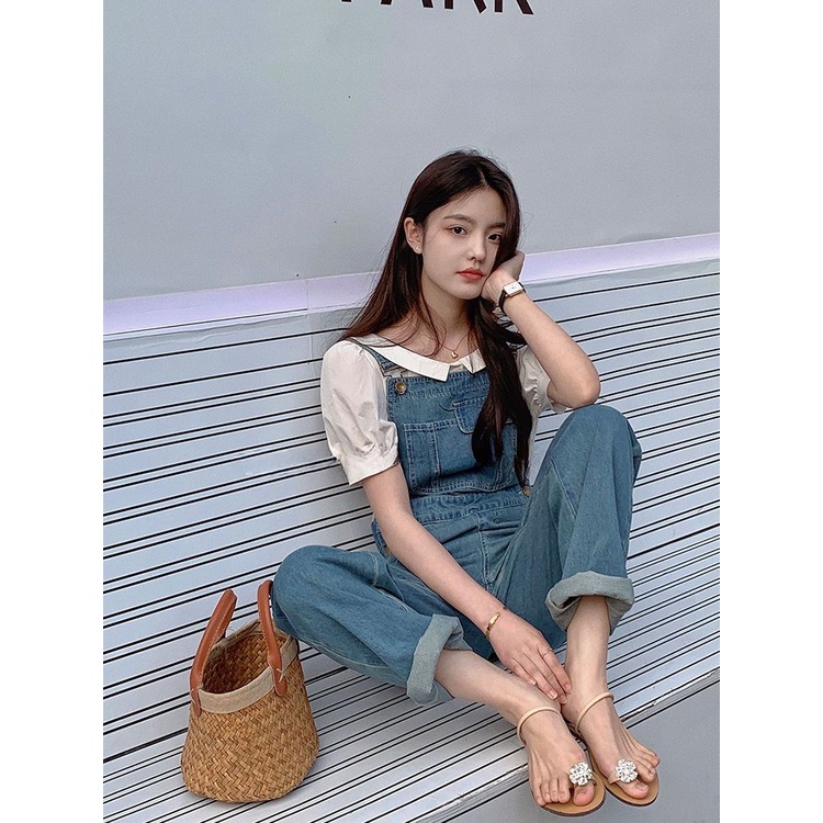 Celana terusan denim pinggang tinggi pelangsing tamasya akhir pekan celana lebar kaki wanita musim p