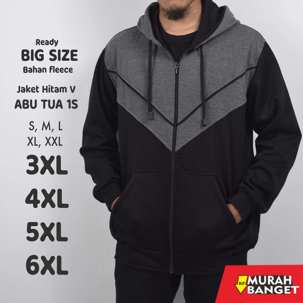 Outer pria  ukuran besar- Jaket Hoodie Hitam V Abu Tua 1S Strip Kuning Jumbo Big Size S M L XL XXL 3
