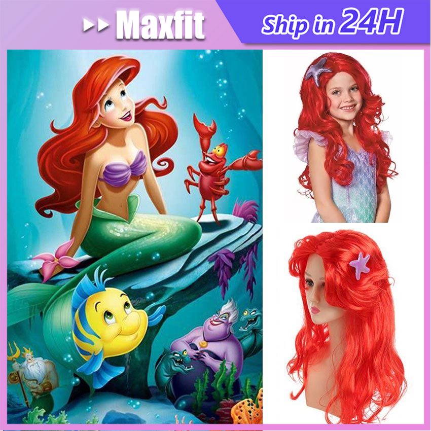 Wig Merah Mermaid Rambut Palsu Cosplay Anak Ariel Putri Duyung