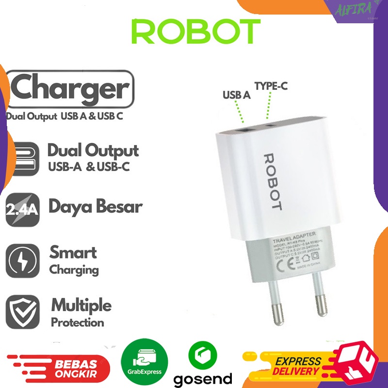 ROBOT Adaptor Charger 2.4A Fast Charging RT-K8 PLUS Port USB &amp; Type-C Batok Casan 2 Port Garansi 1 Tahun