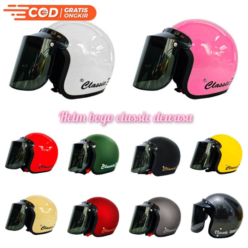 helm bogo polos classic garis tiga kaca datar smoke/helm bogo polos pria wanita SNI/helm bogo kaca d