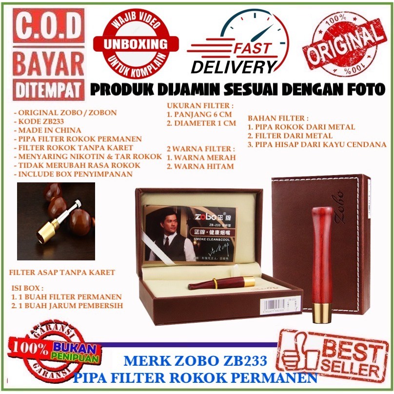 ZOBO ZB233 PIPA FILTER SARINGAN ASAP PERMANEN BAHAN KAYU ASLI KHUSUS 8MM