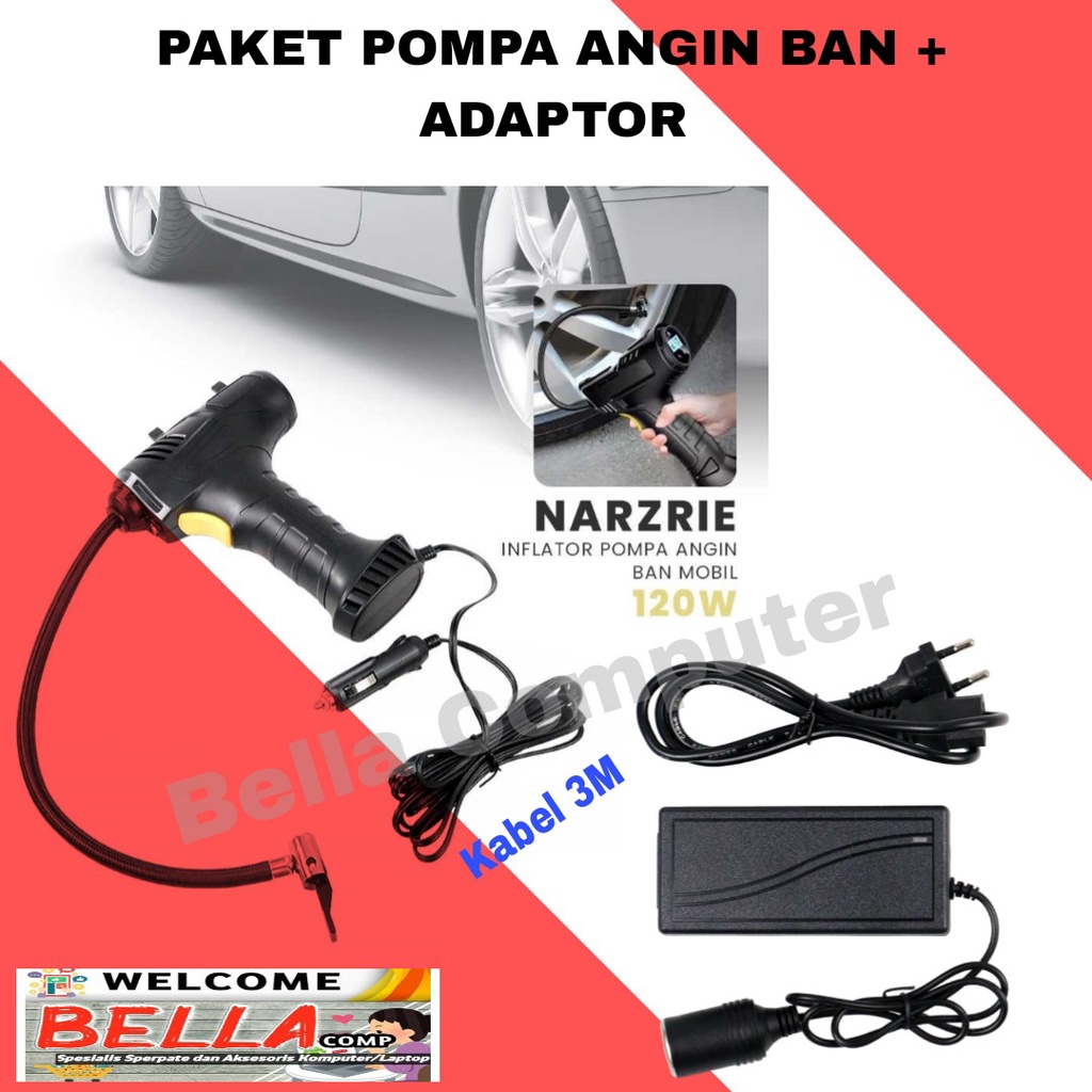 Paket Pompa Angin Ban + Adaptor.Kompresor Udara Genggam 120W Pompa Tiup Nirkabel/Kabel Pompa Udara P