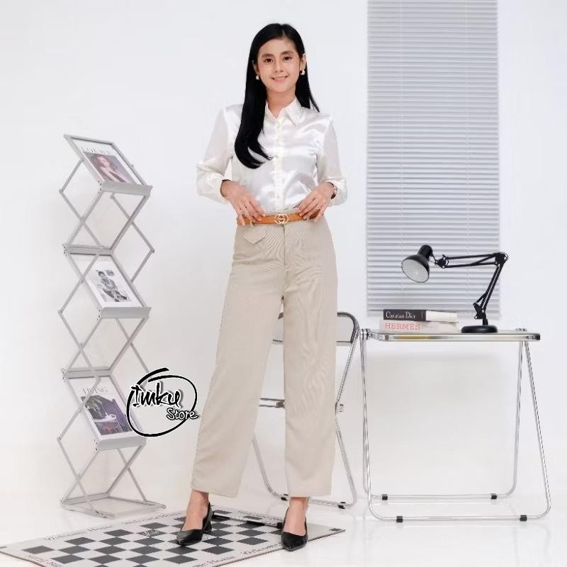 Imku Store - Celana Kulot Cewek Oro Pants Rib Knit Loose Trouser Wanita Celana Kulot Highwaist Anti 