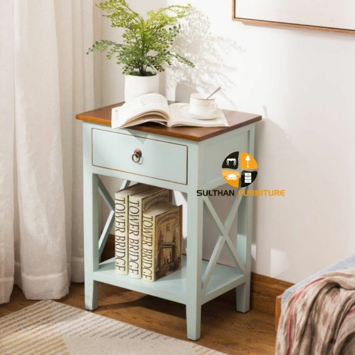 Nakas Minimalis Cat Duco - Bedside Kayu Jati - Meja Lampu Tidur Drawer