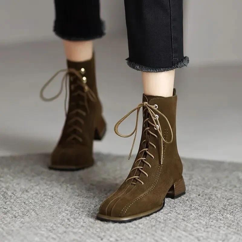 

2024 Fashion Women's Shoes Back Zip Women's Boots Fashion Front Lace-up Modern Boots Women Hot Sale Square Heel Ankle Boots