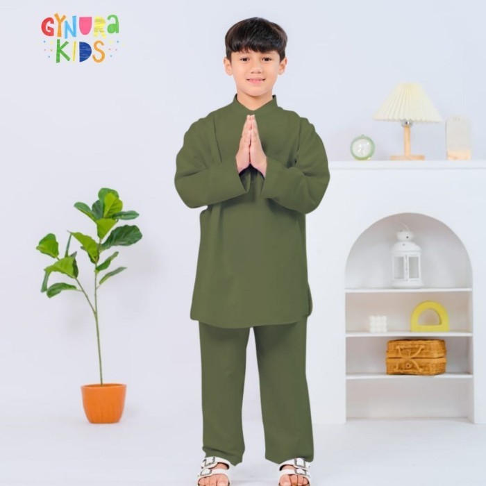 [Ramadhan Sale] setelan baju muslim koko lengan panjang anak laki laki set kurta cowok - Army, S