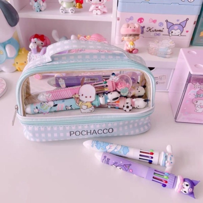 

kotak pena lucu kuromi sunrio tempat pensi pulpen kawaii dual slot - Pink 3tulip