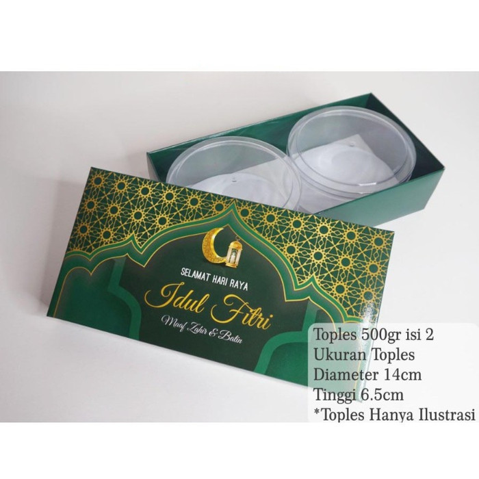 

TP Box Kue Kering Lebaran isi 2 Toples 500 gr Kardus Eid Mubarak Hijau