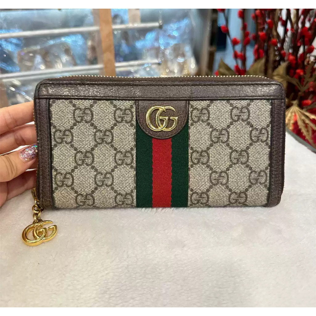 【bekas asli】（523154） GUCCI Ophidia GG klip resleting panjang/jepit uang tua berwarna coklat/dompet w
