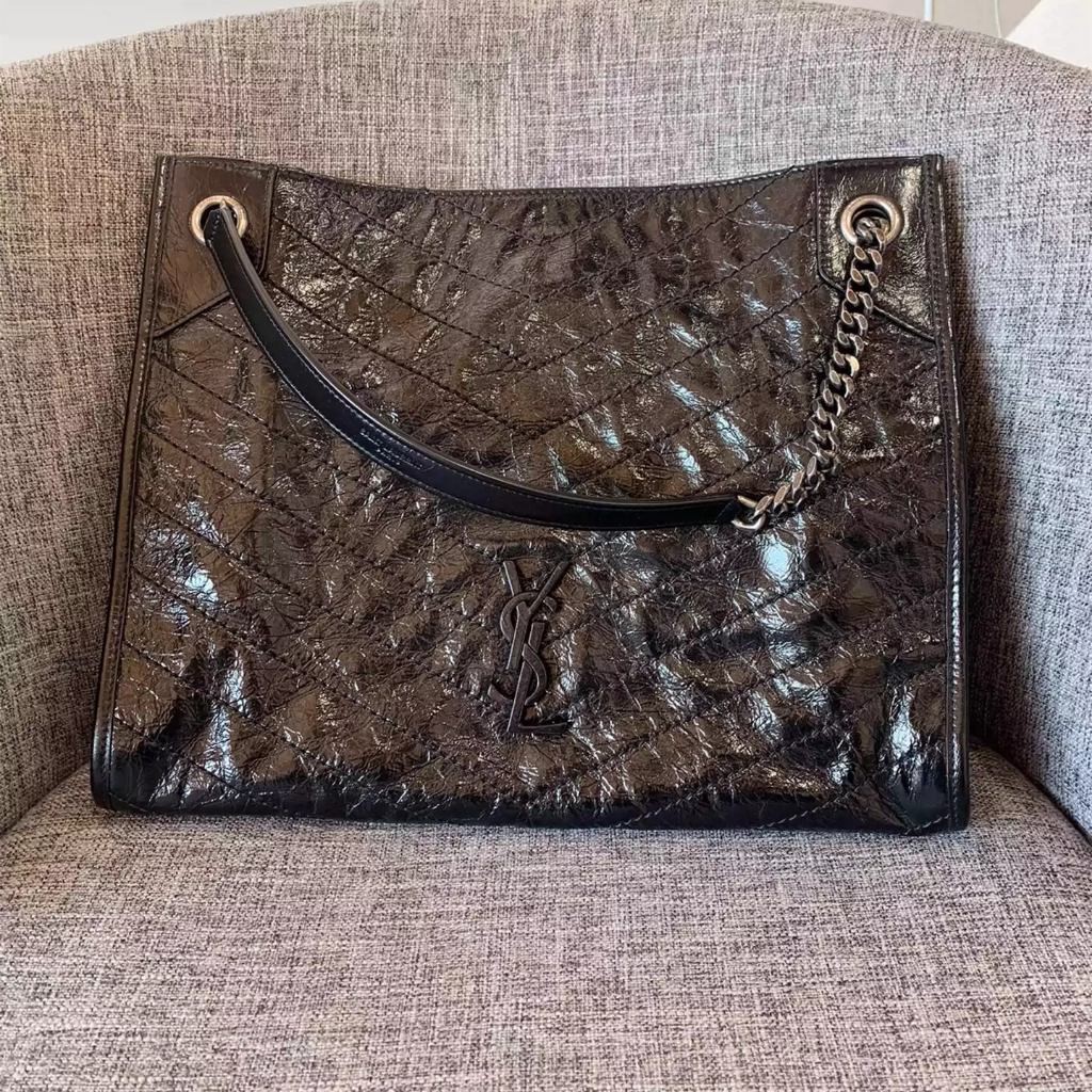 【bekas asli】（577999）Tas belanja Yves Saint Laurent Niki/tas rantai hitam dan perak/tas bahu/tas bela