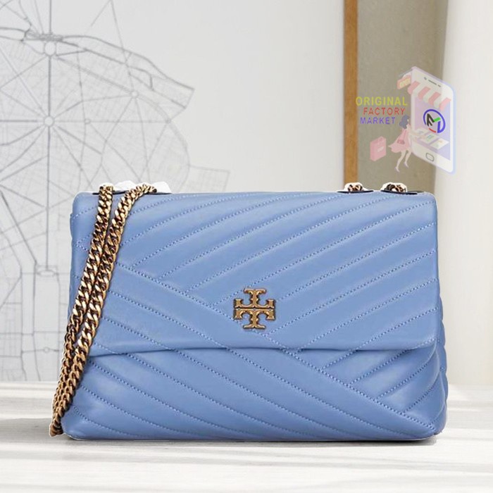 TAS TORY BURCH 58465 KIRA CHEVRON Convertible Shoulder Bag Blue Wood Lls