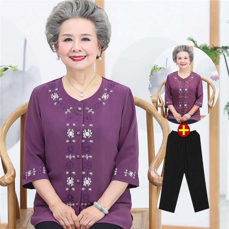 Nenek Musim Semi Dan Musim Panas Lengan Tengah Wanita Two -piece Setelan Pakaian Mother Lanku Tua